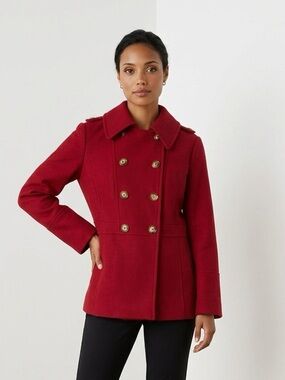 Designer | Michael Kors Red Trench Coat with Gold Buttons | Medium | Wool |